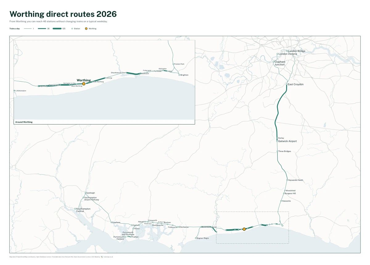 Worthing direct routes 2026: a map of every station you can reach from Worthing without changing trains, the lines thicker where more trains run