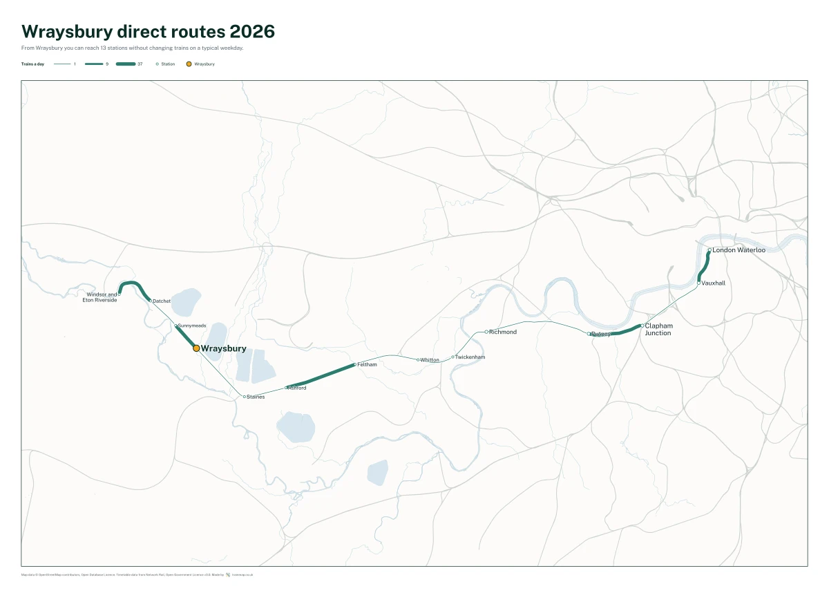 Wraysbury direct routes 2026: a map of every station you can reach from Wraysbury without changing trains, the lines thicker where more trains run