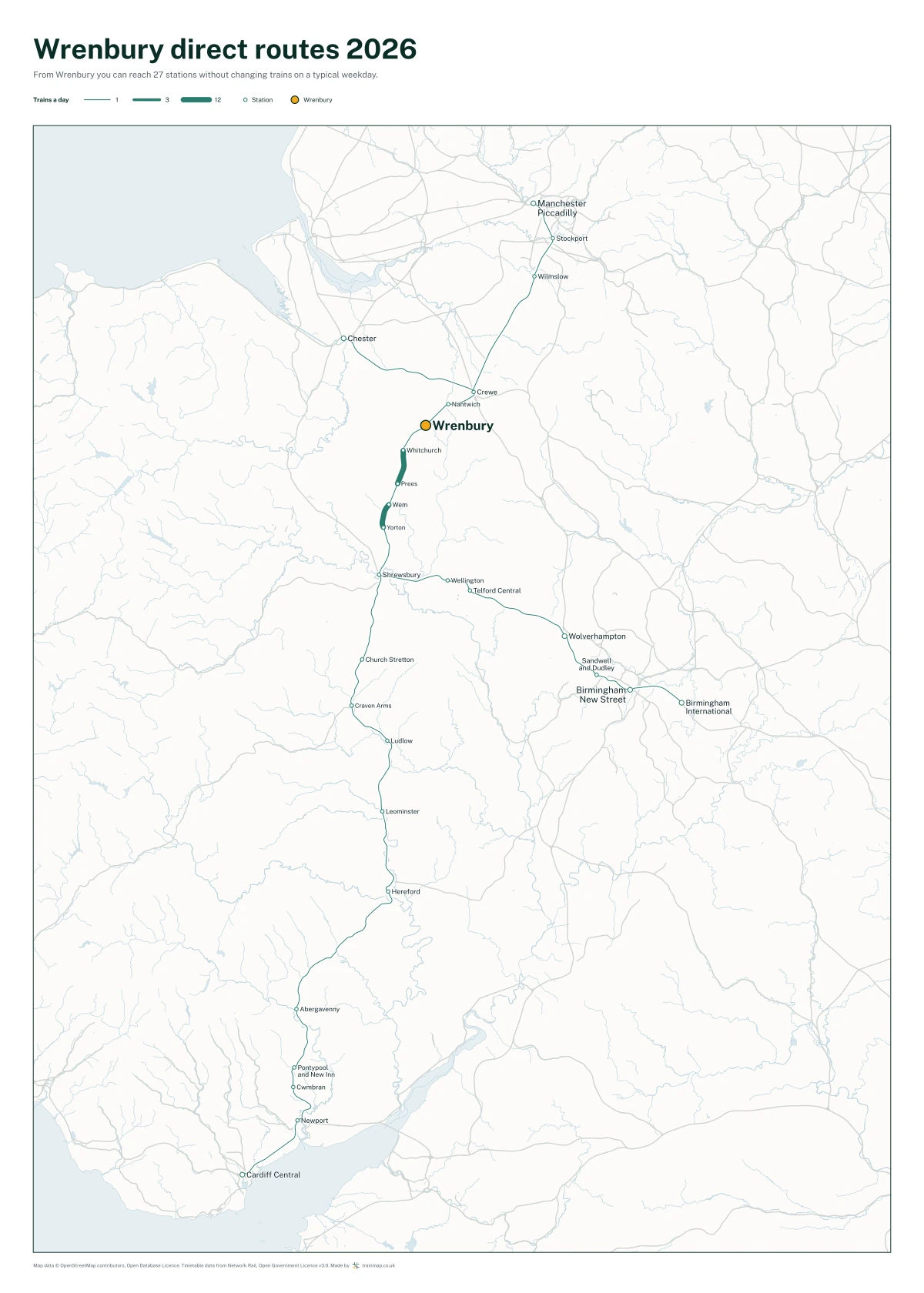 Wrenbury direct routes 2026: a map of every station you can reach from Wrenbury without changing trains, the lines thicker where more trains run