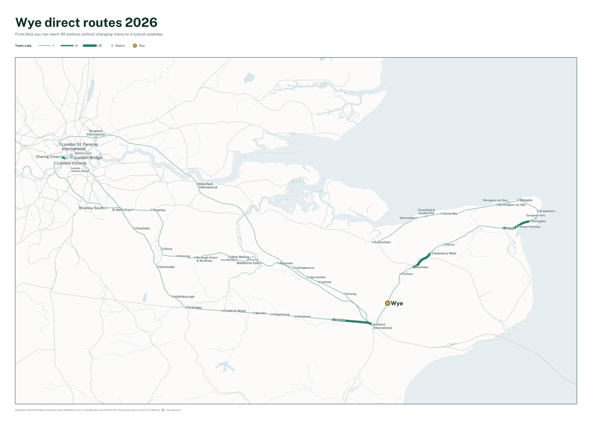 Wye direct routes 2026: a map of every station you can reach from Wye without changing trains, the lines thicker where more trains run