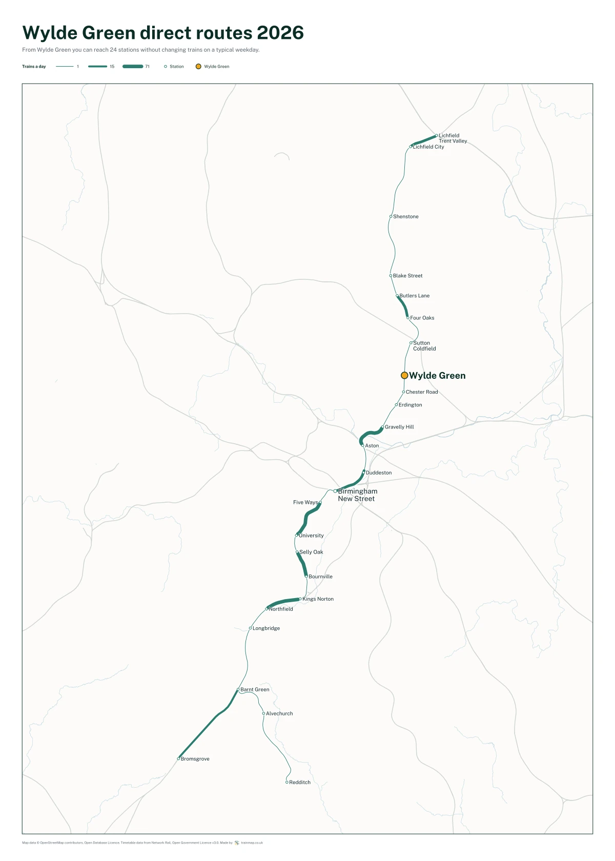 Wylde Green direct routes 2026: a map of every station you can reach from Wylde Green without changing trains, the lines thicker where more trains run