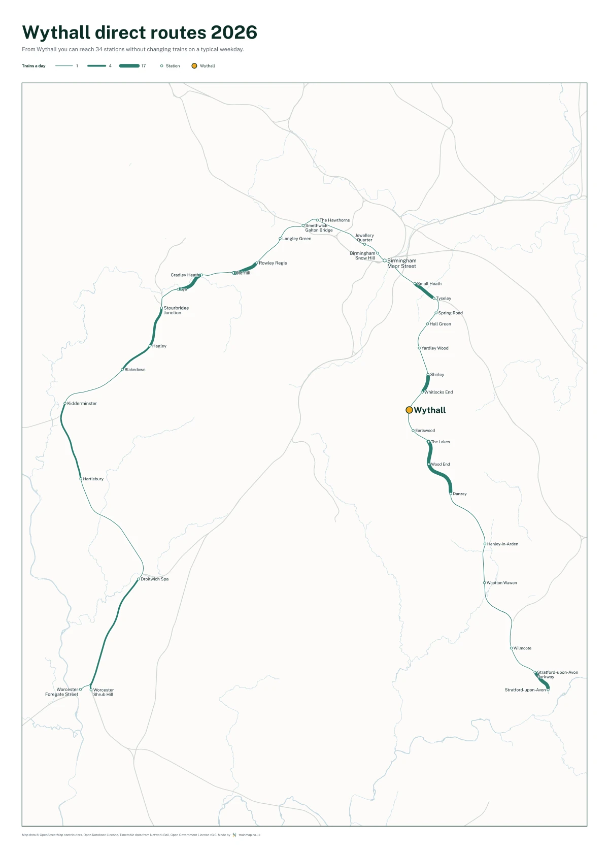 Wythall direct routes 2026: a map of every station you can reach from Wythall without changing trains, the lines thicker where more trains run