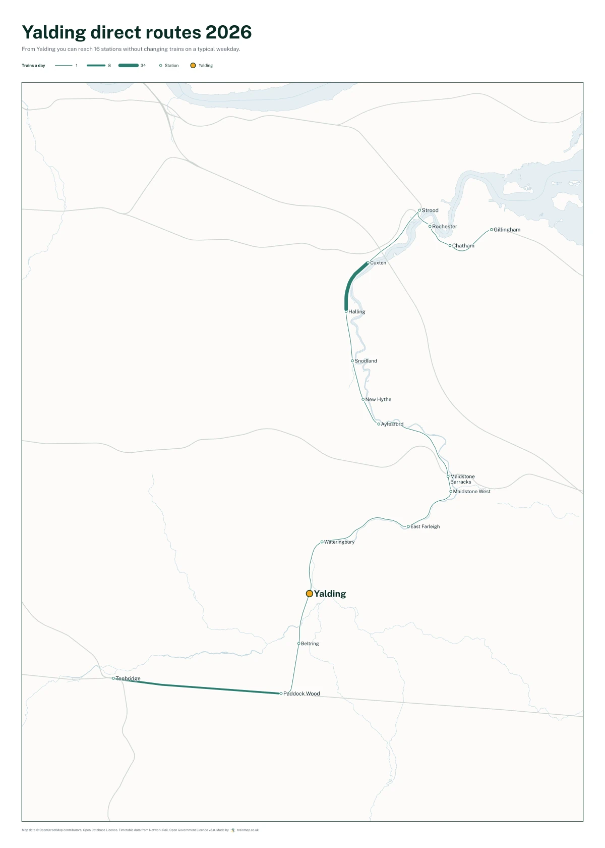 Yalding direct routes 2026: a map of every station you can reach from Yalding without changing trains, the lines thicker where more trains run
