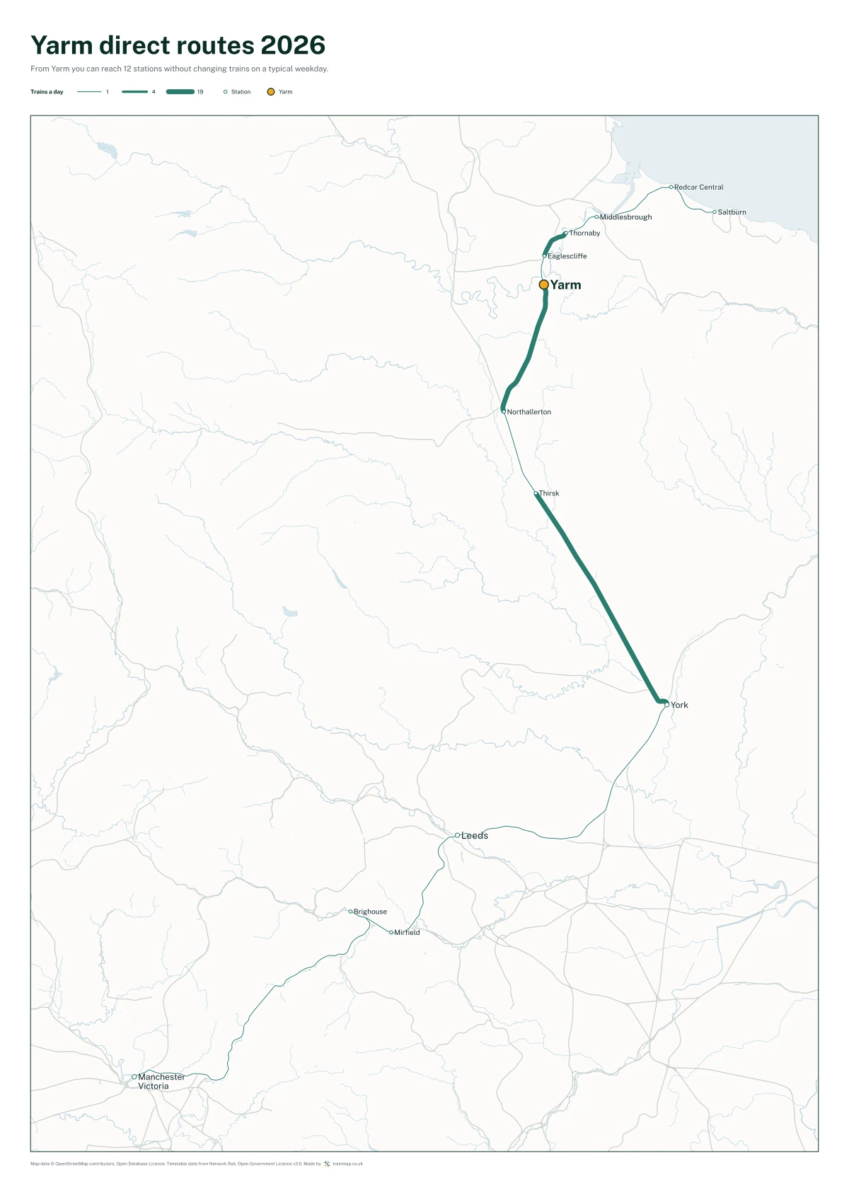 Yarm direct routes 2026: a map of every station you can reach from Yarm without changing trains, the lines thicker where more trains run