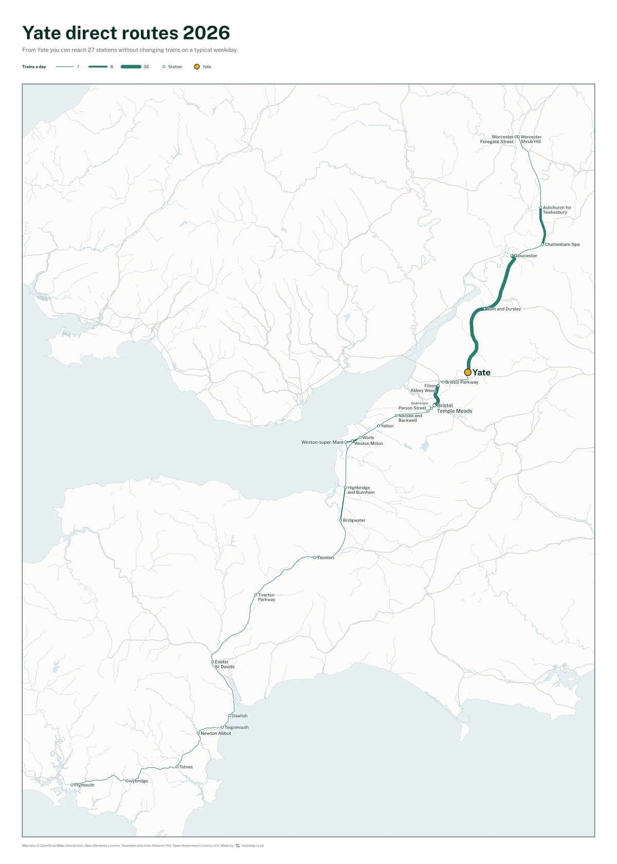 Yate direct routes 2026: a map of every station you can reach from Yate without changing trains, the lines thicker where more trains run