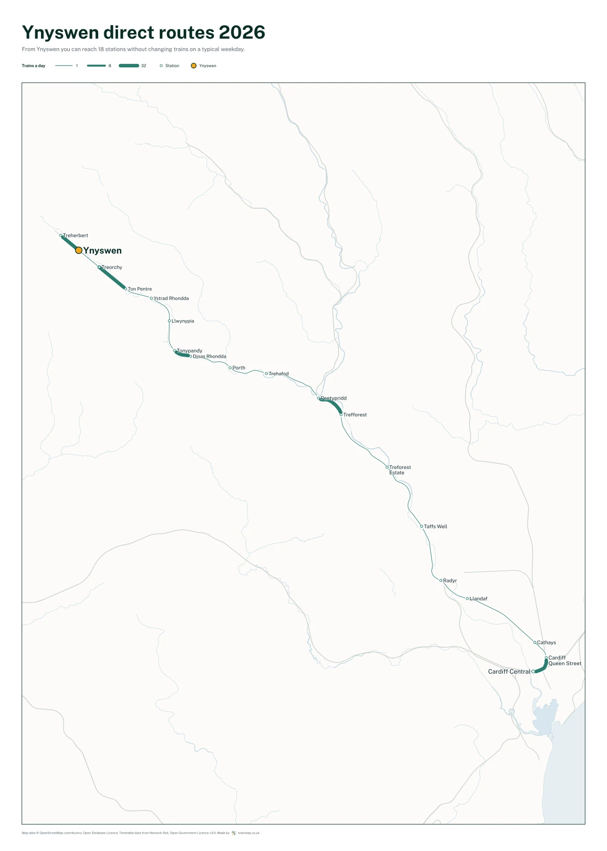 Ynyswen direct routes 2026: a map of every station you can reach from Ynyswen without changing trains, the lines thicker where more trains run