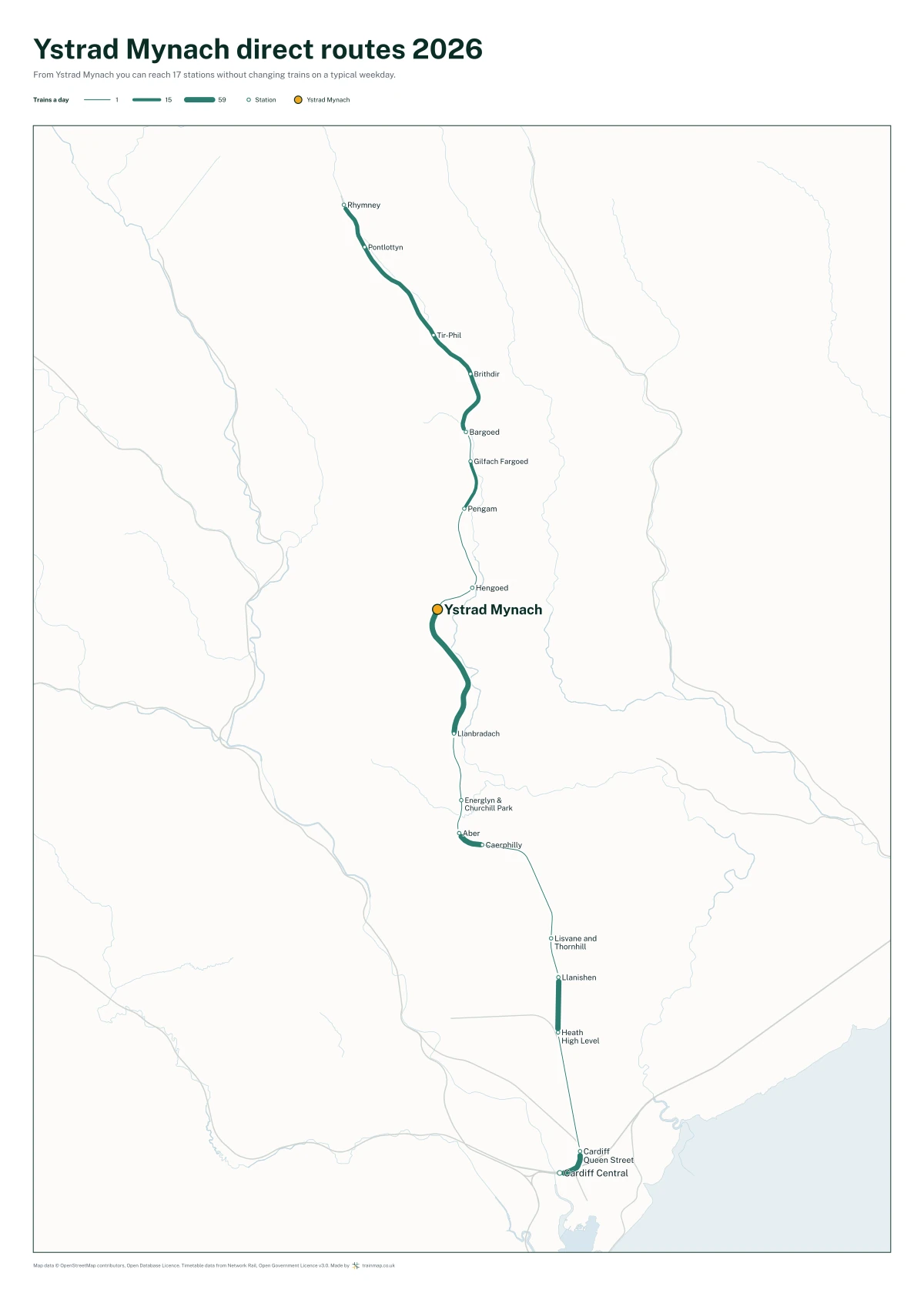 Ystrad Mynach direct routes 2026: a map of every station you can reach from Ystrad Mynach without changing trains, the lines thicker where more trains run