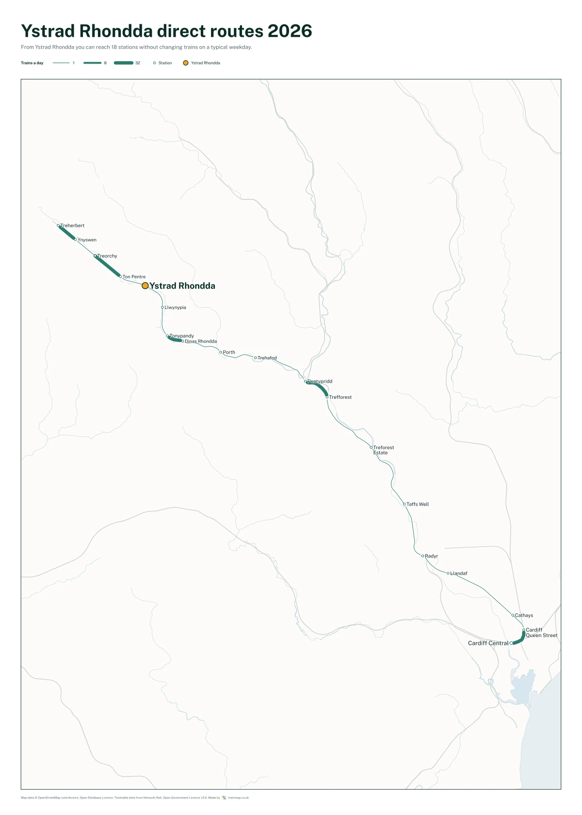 Ystrad Rhondda direct routes 2026: a map of every station you can reach from Ystrad Rhondda without changing trains, the lines thicker where more trains run